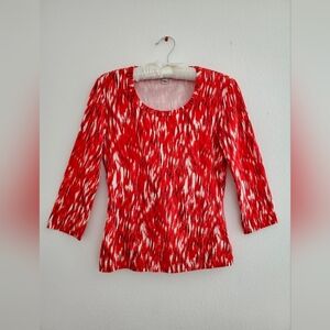 St John Sport Women Top Round Neck 3/4 Sleeve Stretch Knit Red/White Sz P/XS/30"